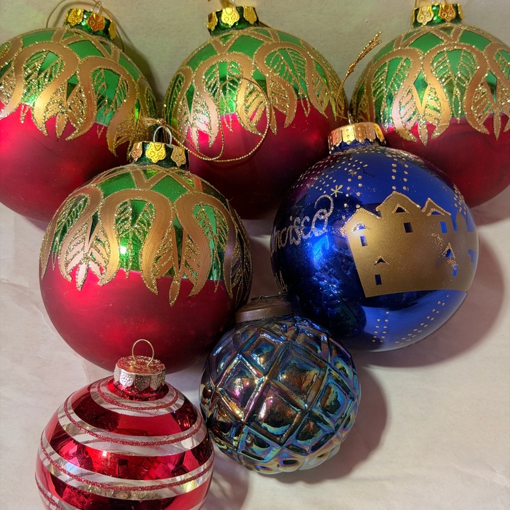 Holiday Glass Ornament Set — Red, Green, Blue, Gold bundle of 7.OBO